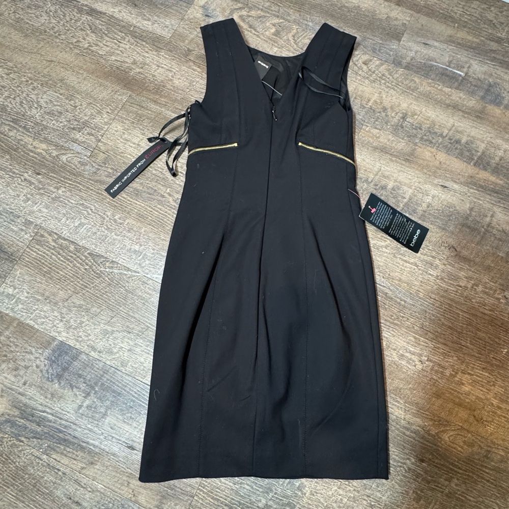 Bebe Little Black Dress Midi Sheath Dress Gold Zippers Bondage Women’s SZ 2 - Picture 8 of 15
